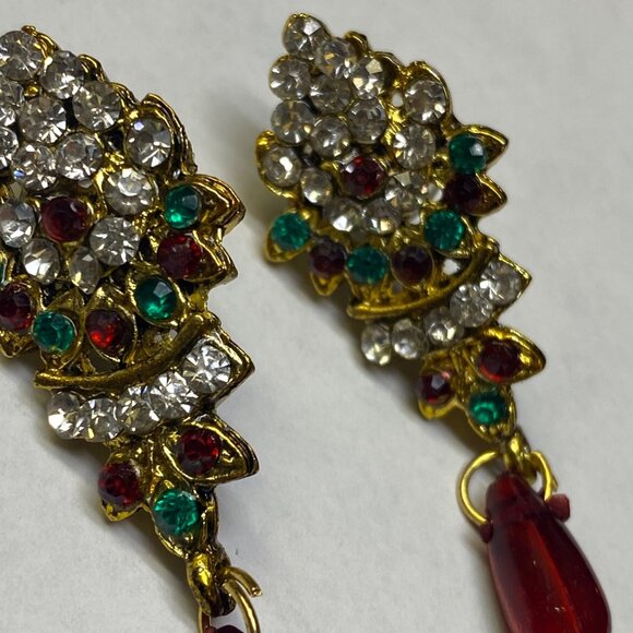 Christmas Color Earrings Pierced Post Dangle Drop Rhinestone Holiday Wear - Picture 5 of 10